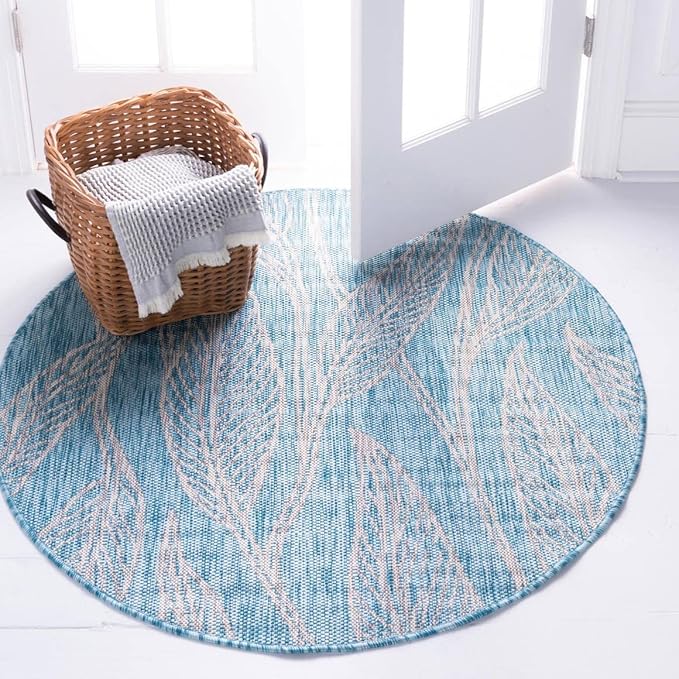 Unique Loom Outdoor Botanical Collection Area Rug - Leaf (13' Round, Light Aqua/ Ivory)