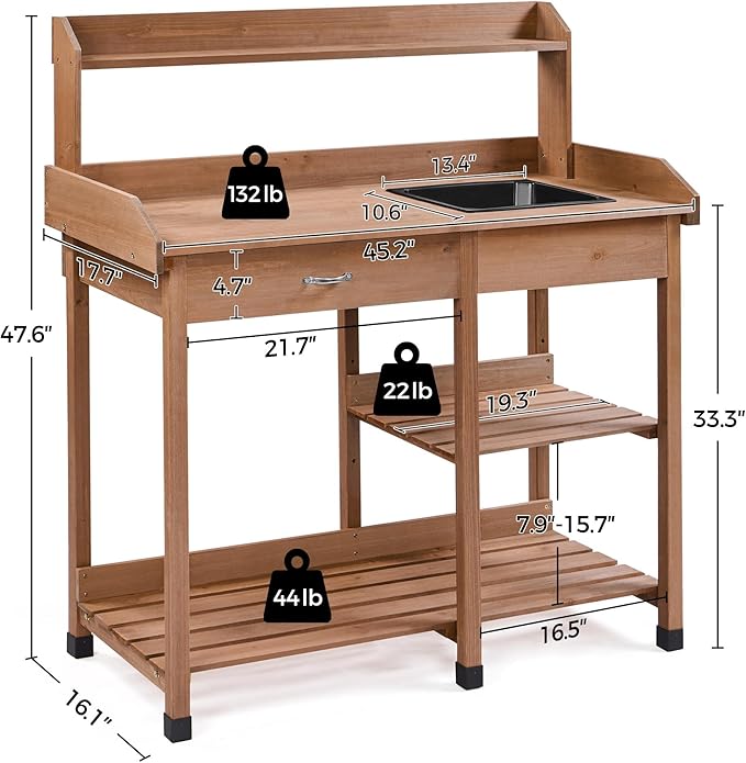 Topeakmart 45.2x17.7x47.6'' (LxWxH) Potting Benches Outdoor Garden Potting Table Work Bench with Removable Sink Drawer Rack Shelves Work Station, Brown