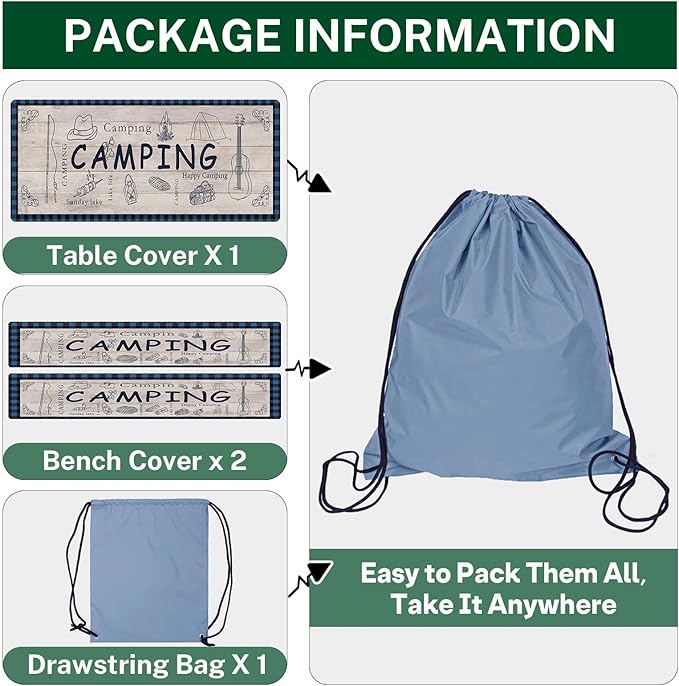 Picnic Table Cover with Bench Covers Elastic Edges, Beige Camper Fitted Table Cover, Outdoor Patio Camping Essentials 72 Inch 3PCS, Waterproof Camping Fitted Tablecloth with Drawstring Bag