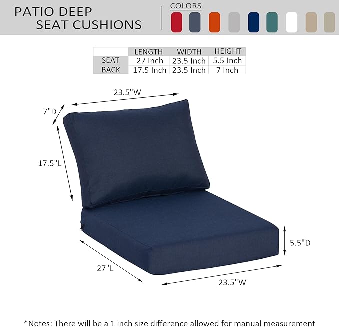 23.5"x27" Outdoor Deep Seat Patio Cushions Set of 2, Deep Seat Bottom Resilient Foam Filling Water-Resistant Stain-Resistant UV Resistant Weather Resistant with YKK Zippers, Midnight