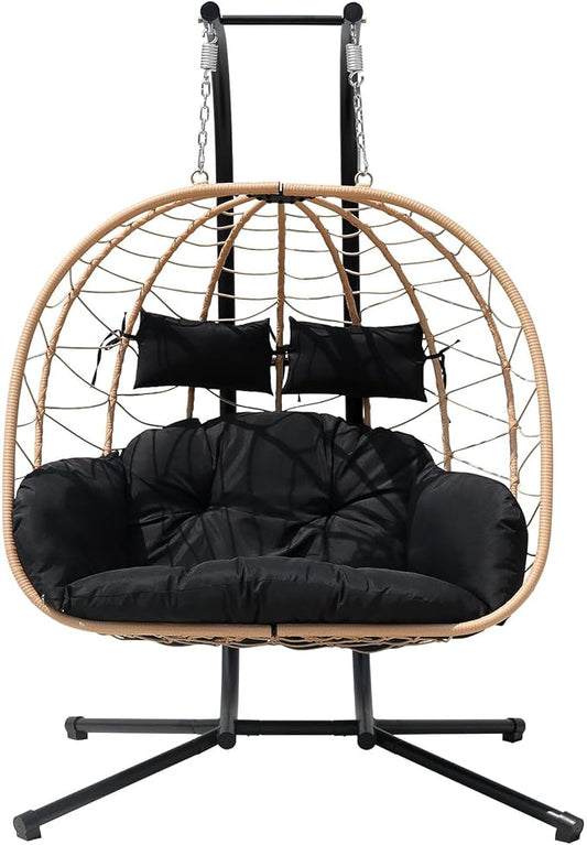 Hanging Egg Chair with Stand Indoor Swinging Chair Outdoor Hammock Egg Chair for Patio, Bedroom, Garden and Balcony (Black, Large)