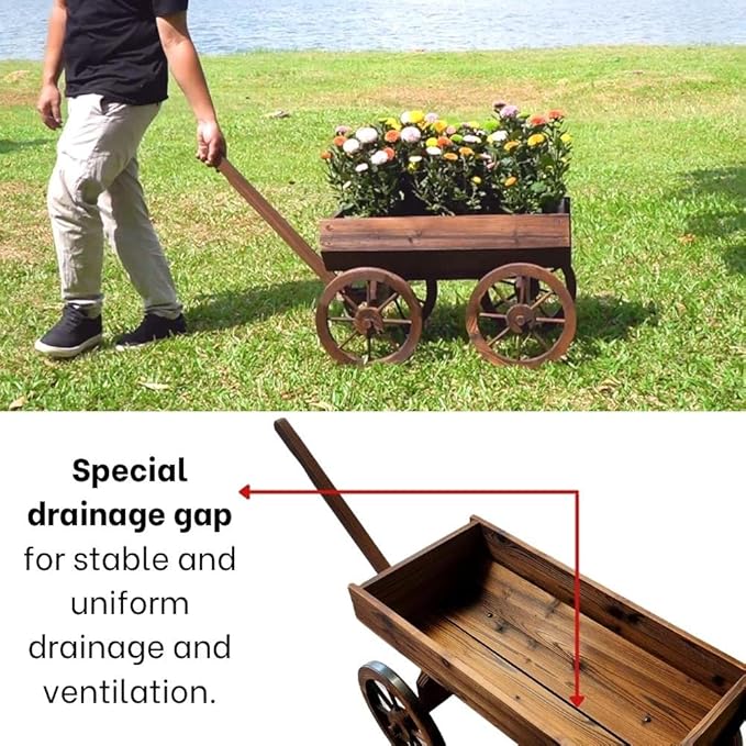 Wood Wagon Planter for Outdoor Balcony Decor - Garden Rustic Wooden Flower Cart with Wheels for Outside - Decorative Indoor - Wheelbarrow Planter for Patio -Reinforced Wheel