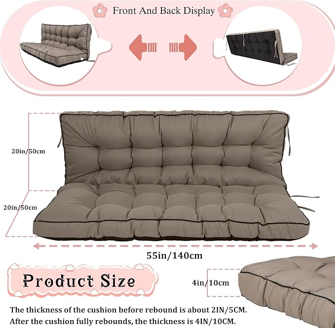 2-3 Seat Swing Replacement Cushion, Outdoor Bench Cushions with Backrest Thicken 4", Patio Furniture Garden Porch Loveseat Glider Pad Anti-Fading Waterproof (Khaki, 40x55in)