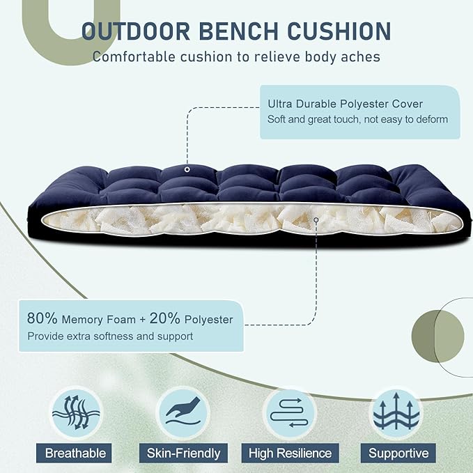 downluxe Outdoor Bench Cushion for Patio Furniture, Waterproof Tufted Overstuffed Porch Swing Cushions, Thick Outdoor Loveseat Cushions, 59" x 18" x 5", Navy, Set of 1