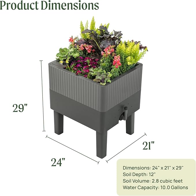 Vego garden EZCube Self Watering Planter Box with Legs, 29" Elevated Raised Garden Bed with Water Gauge for Patio, Backyard 21" x 24" Fog Gray