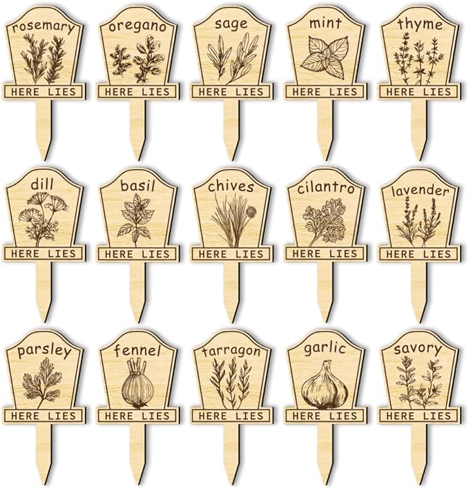 arricraft 15 Pcs Herb Plant Labels, Wooden Markers Tombstone Graveyard Shape Tags Garden Labels Wood Garden Stakes for Indoor and Outdoor Potted Seed Herbs and Herb Unique Funny Gifts