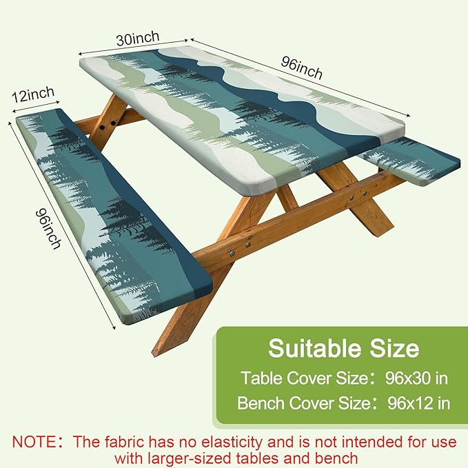 Picnic Table Cover with Bench Covers Camping Tablecloth with Storage Bag Windproof Waterproof Picnic Table Covers with Elastic for Camping