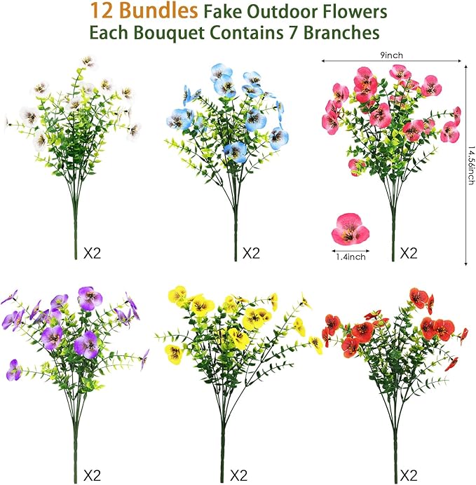 MACTING Artificial Pansy Flowers for Outdoors 12 Bundles Spring Faux Outdoor Plants UV Resistant Fake Silk Pansies for Outside Planter Front Door Porch Yard Patio Garden Home Decorations(Mix Color)
