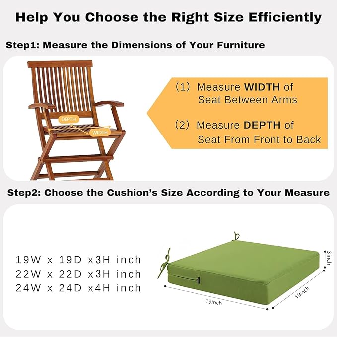 idee-home Outdoor Chair Cushions Set of 2, Waterproof Outdoor Seat Cushions for Patio Furniture, Outside Replacement Chair Pad with Ties for Lawn Deck Porch, 19 x 19 Green