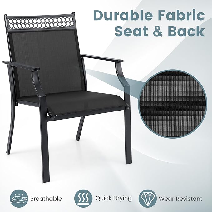 Giantex Patio Chairs Set of 2, Outdoor Chairs with All Weather Fabric, High Backrest, Armrests, Heavy Duty Metal Armchair, Outside Dining Chairs for Porch Lawn Garden Yard Pool, Black