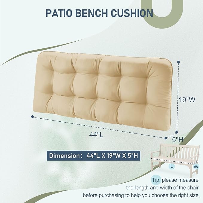 downluxe Outdoor Bench Cushion for Patio Furniture, Waterproof Tufted Overstuffed Porch Swing Cushions, Thick Outdoor Loveseat Cushions, 44" X 19" X 5", Khaki, Set of 1