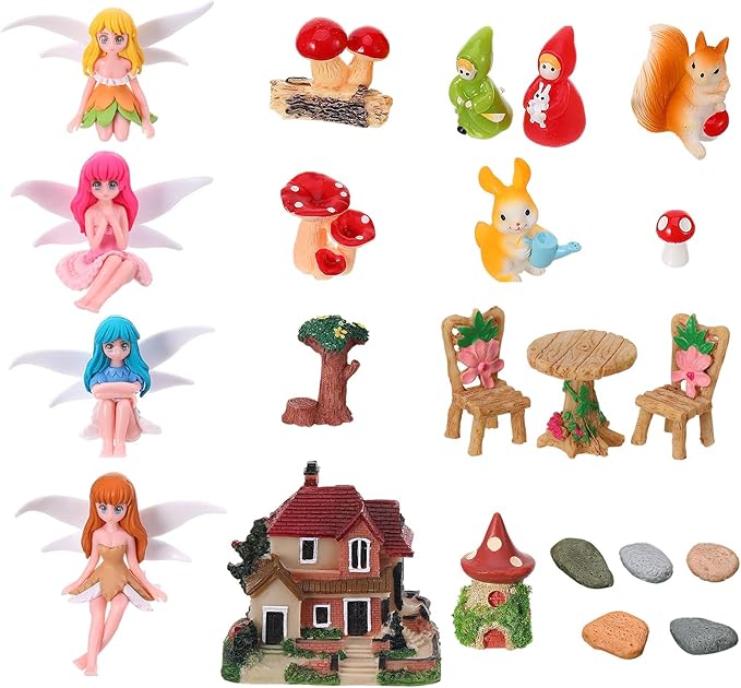 Fairy Garden Accessories, Miniature Garden Ornaments Included Mini Fairy Figures Tiny Gnome Figurines Enchanted Tiny House Set for DIY Landscape Potted Plants Dollhouse Desk Decor