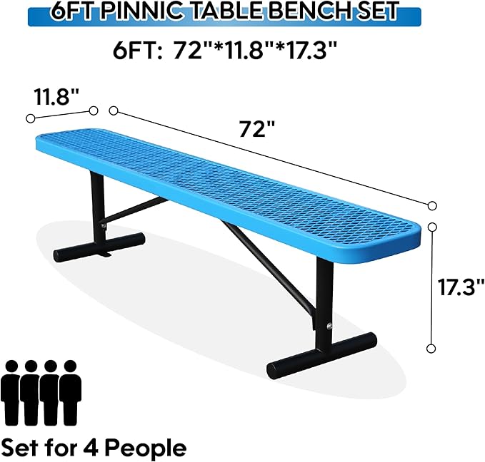 6 Feet Heavy Duty Metal Park Bench for Outside, Outdoor Bench with Portable Frame, Commercial Benches for Shopping Mall, Store, Park, Patio, Deck, Blue