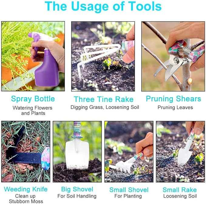 Gardening Tools, LEKEONE 10 Pieces Garden Tools with Floral Print, Ergonomic Handle Trowel Rake Weeder Pruner Shears Sprayer,Gardening Supplies with Carrying Case Gifts for Women