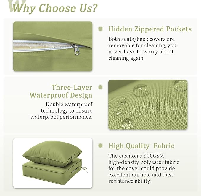 Outdoor Patio Chair Cushions Set 22 L X 22 W X 4 H Waterproof & Fade Resistant Deep Seat and Back Cushions with Removable Covers Outdoor Seat Cushion Set for Chairs and Sofas