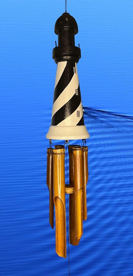 Large Lighthouse Bamboo Windchime – Black and White Light House Topper with Beautiful Chimes – Hanging Outdoor Garden Porch Décor – Deep Relaxing Calming Tones – 43” Overall Length