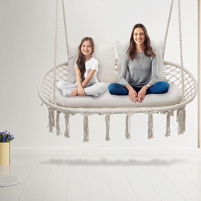 Athena Collection Hammock Swing Chair with 2 Seat, Max 700 Lbs, Outdoor Large Cotton Rope Chair Hanging Macrame Chair with 3 Soft Cushion, Swing Chair for Outdoor Indoor Patio Garden, White