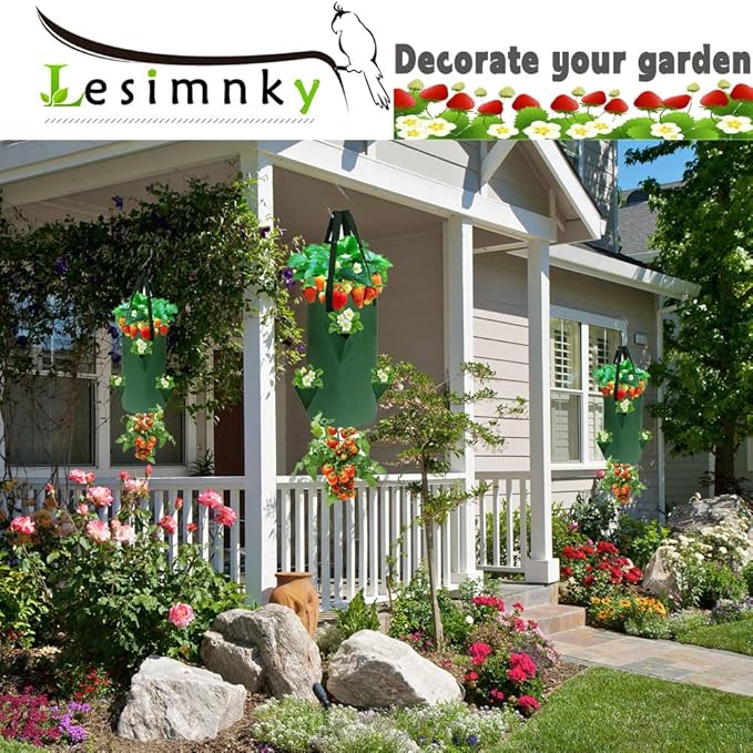 4Pack Upside Down Strawberry Planter, 3 Gallon Hanging Grow Bags for Tomato Vegetables 6 Planting Holes with 4 Hooks,Upside Down Strawberry Plant Hanger Vegetable Planting Bags for House (Dark Green)