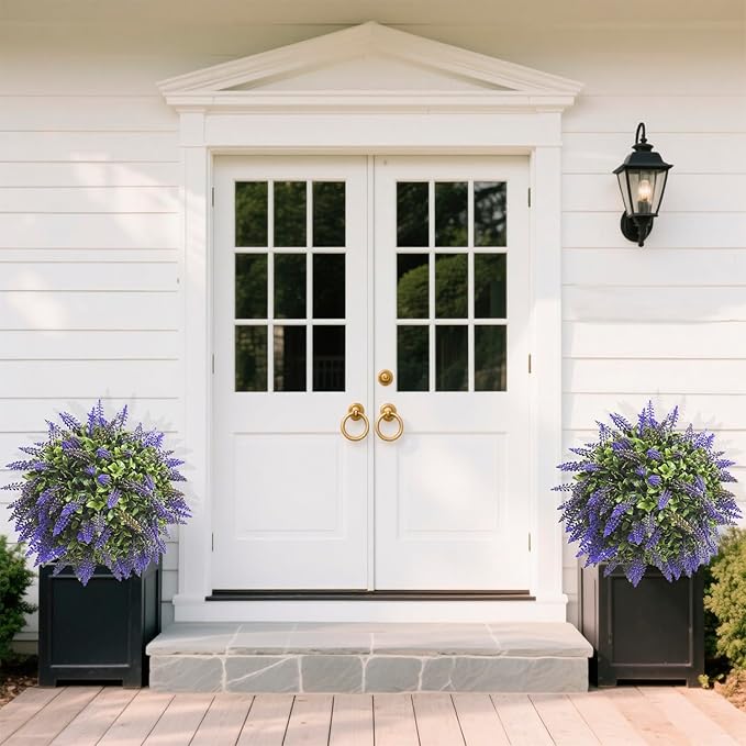 Artificial Boxwood Topiary Ball with Lavender, Set of 2 Artificial Shrub Bushes with Ground Spike, Fake Evergreen Tree for Porch, Artificial Plants for Outdoor Planters Indoor UV Resistant