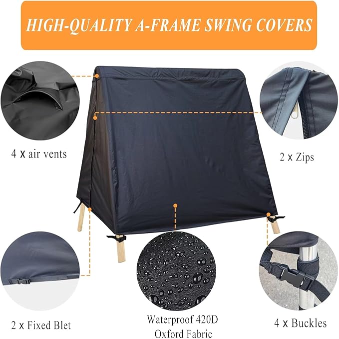 Patio Swing Cover A-Frame Swing Covers Waterproof 3 Seat UV Resistant Weather Protector for Outdoor Courtyard Patio Furniture Black