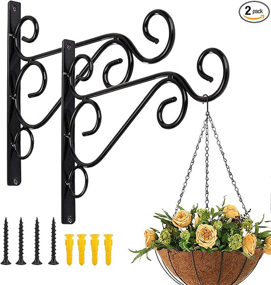 Fashion&cool Hanging Plant Brackets, Pack of 2 10 inch Iron Wall Mount Plant Hanging Hooks Metal Wall Brackets Hangers for Indoor Outdoor Planter Bird Feeder Lanterns Wind Chimes with Screws