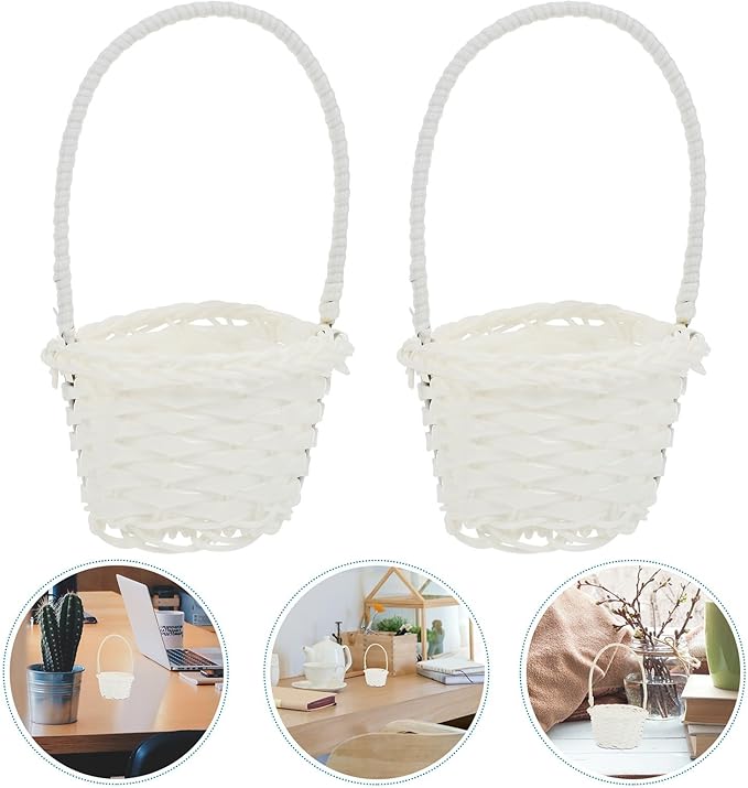 DOITOOL Flowers 6pcs Wicker Rattan Flower Basket with Handle- White Mini Flower Girl Basket- Small Woven Basket for Hanging Decoration, Storage, Wedding (Heart/ 3.54x3.34x5.89inch) Bulk Candy