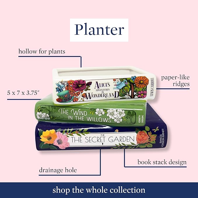 Steel Mill & Co Original Small Book-Shaped Decorative Planter, Ceramic Planter for Home Decor, Cute Bookshelf Accent, Unique Planter for Book Lovers, Alice/Wind in The Willows/Secret Garden