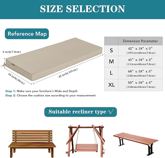 Outdoor Bench Cushion 42 x 18 Inch Thick Waterproof Porch Swing Cushions with Tie Patio Furniture Chair Cushion Bench Pad Color Fastness Backyard Seat Pads, Cream