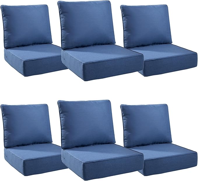 6" Thick Outdoor Cushions 24x24x6, 6-Set Deep Seat Patio Cushions with Removable Cover, Waterproof & Fade Resistant Replacement for Wicker Chair, Loveseat, Sofa - Blue