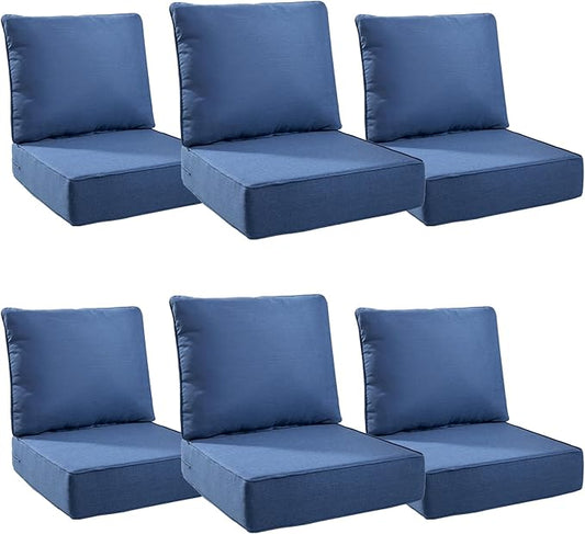 6" Thick Outdoor Cushions 24x24x6, 6-Set Deep Seat Patio Cushions with Removable Cover, Waterproof & Fade Resistant Replacement for Wicker Chair, Loveseat, Sofa - Blue