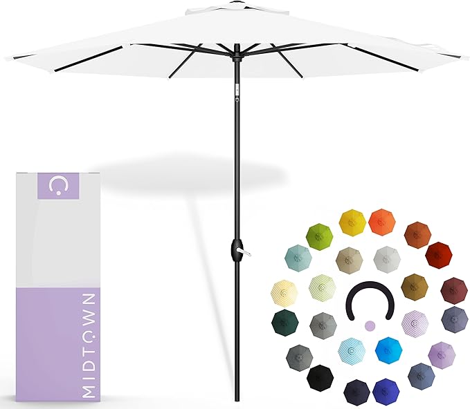 Midtown Umbrellas - 10-Year-No-Fade 9 Ft Patio Umbrella with Terylast Fabric, Auto-Tilt Aluminum Frame and 8 Reinforced Ribs for Deck, Pool, Garden & Beach - Ivory White Canopy, Black Pole