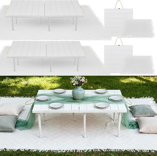 2 Set Low Picnic Table, Foldable Boho Picnic Table with Extra Large Outdoor Camping Blanket Portable Boho Wood BBQ Tables for Camping Wedding Beach BBQ Party (for 8 Person,White)