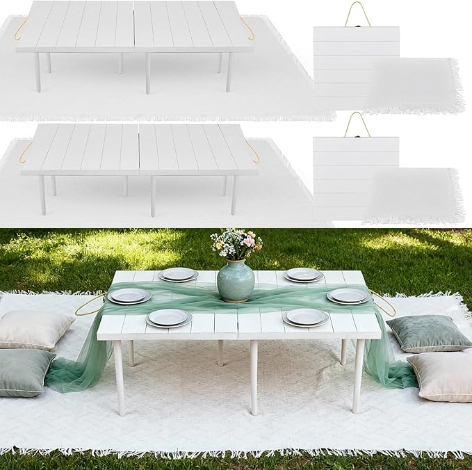 2 Set Low Picnic Table, Foldable Boho Picnic Table with Extra Large Outdoor Camping Blanket Portable Boho Wood BBQ Tables for Camping Wedding Beach BBQ Party (for 4 Person,White)
