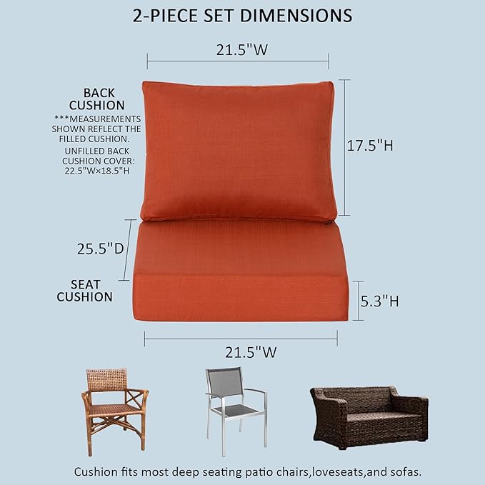 21.5x25.5 Inch Outdoor Deep Seat Cushions Set of 2,Thick High-Density Foam, Water-Resistant, Piped Edges & YKK Hidden Zipper for Patio Furniture,Quarry Red