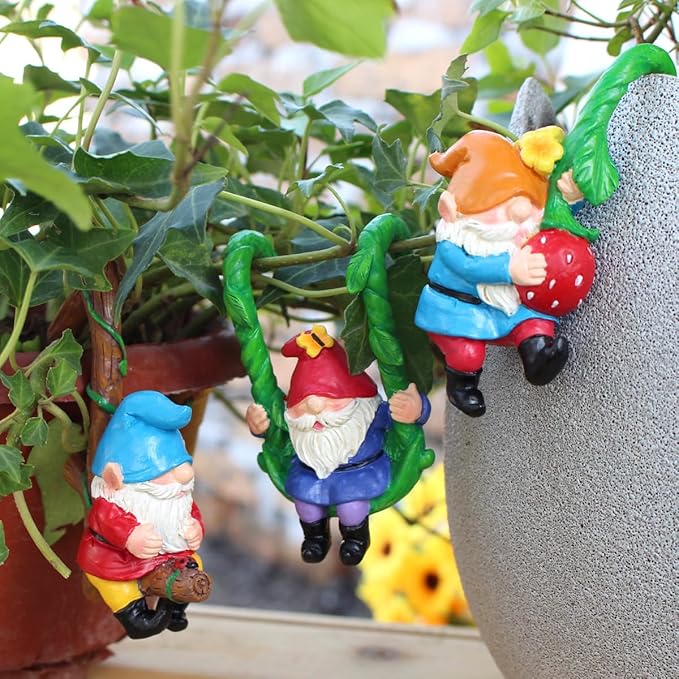 Set of 3 Cute Climbing Gnome Figurines Flower Pot Hugger, Resin Hanging Gnomes Statue Outdoor Decor Fence Ornaments for Patio Lawn Garden Yard (Swing Gnome)