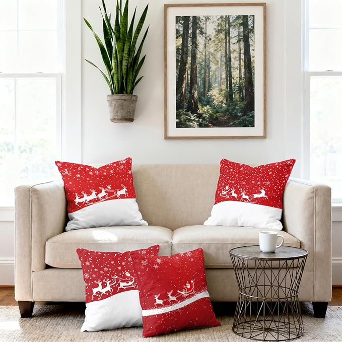 Christmas Red Pillow Covers 18x18 inch Set of 4, Santa Sleigh Reindeer Snowflake Winter Throw Pillows Cover Sofa Couch Pillow Cases for Farmhouse Indoor Home Decor Decorations
