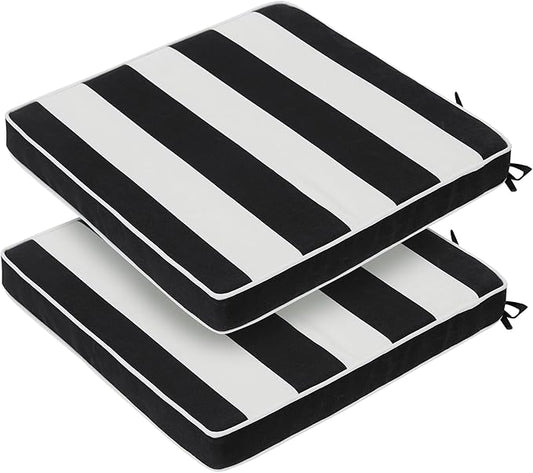 FUNHOME Indoor/Outdoor Chair Cushions Set of 2, 18 x 18 x 2.5 Inch Square Corner Outdoor Cushions for Patio Furniture,2 Packs Patio Chair Cushions with Ties-Black White Stripe