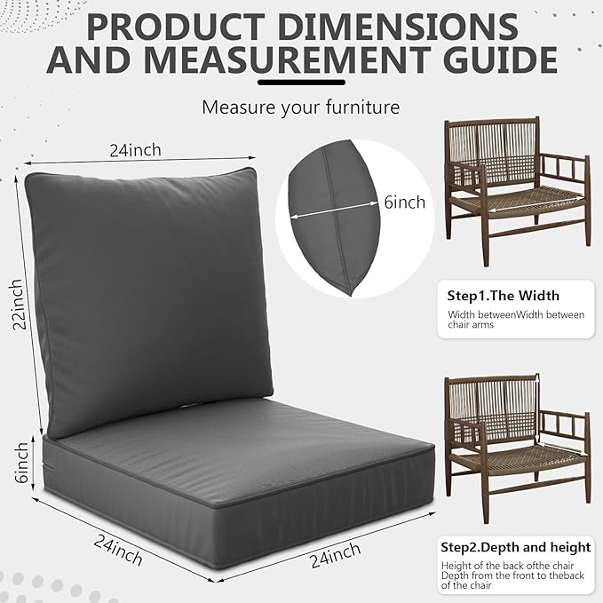 24" x 24" x 6" Outdoor Deep Seat Cushions Set - 2 Set Waterproof & Fade Resistant Patio Furniture Replacement Cushions, Non-Slip Outdoor Cushions Fit Loveseats, Couches, Chairs, and Sofas.