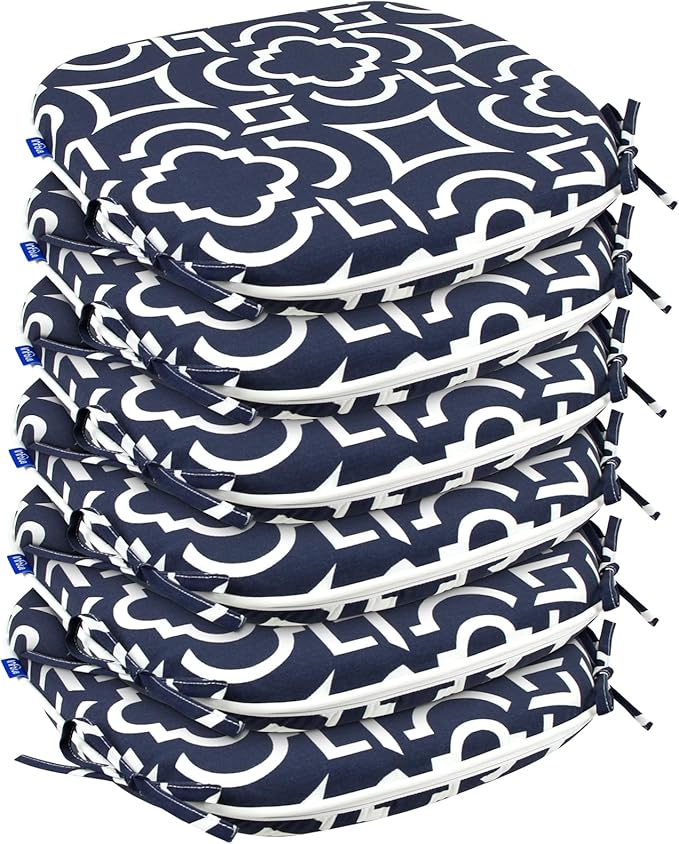 SleepMan Outdoor 17"x16" Chair Cushions with Ties Set of 6, Water Resistant All Weather U-Shape Seat Pads for Patio Garden Furniture Indoor Fade Resistant Patio Cushions (Blue Geo)
