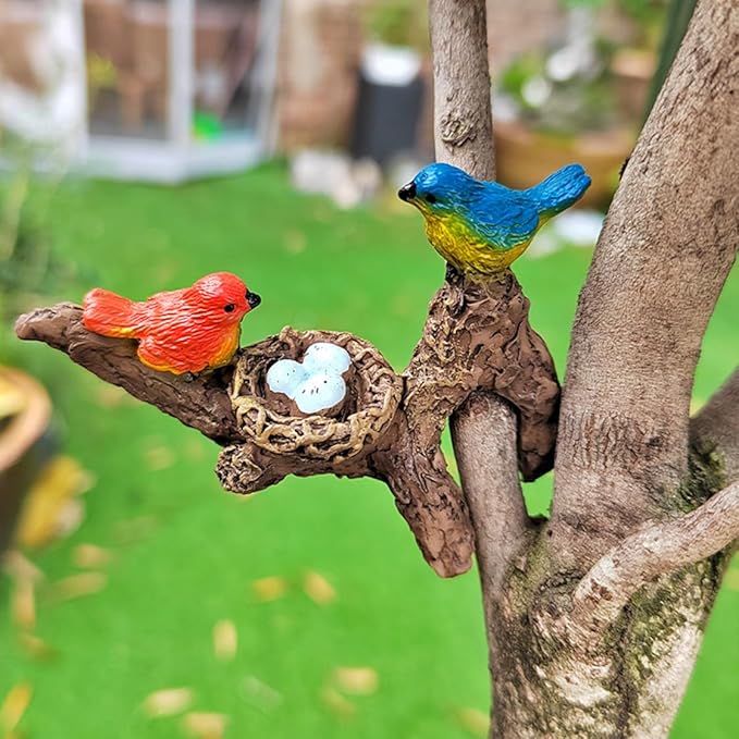 2pcs Birds Perched on Branches Flower Pot Hugger Figurines Mini Resin Birds Fish Tank Hanging Decoration Aquarium Ornament for Bonsai Planter Terrarium Garden Decor