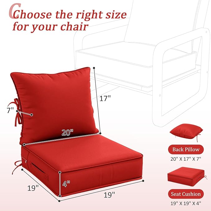 Outdoor Patio Chair Cushions Set 19 L X 19 W X 4 H Inch Waterproof & Fade Resistant Deep Seat and Back Cushions with Removable Covers Outdoor Seat Cushion Set for Chairs and Sofas
