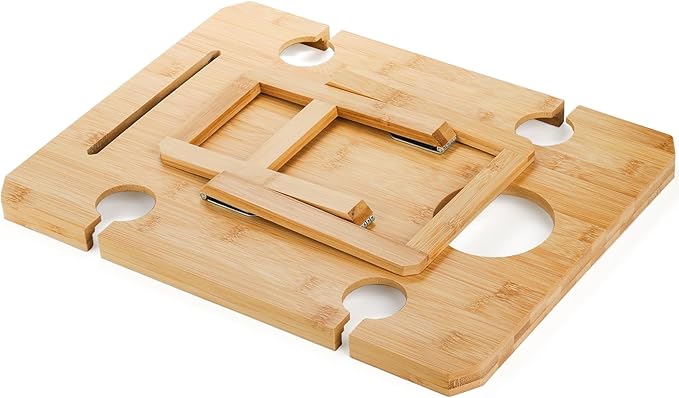 Kingrol Bamboo Wine Picnic Table with Wine Bottle, Glass and Cheese Knife Holder - for Park Camping Beach Outdoor Snack, Wine Lover Gift, Foldable and Portable, 16.1 x 12.5 x 6 Inch