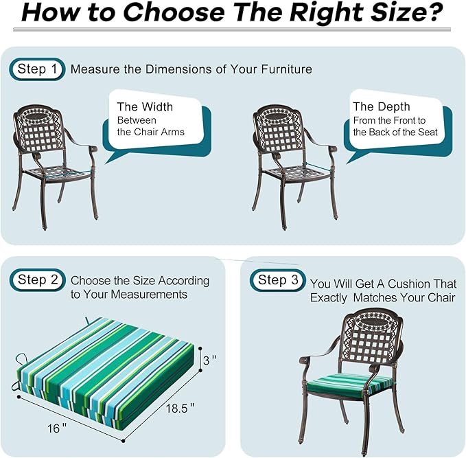Basic Beyond Outdoor Chair Cushions Set of 4, Square Corner Outdoor Cushions for Patio Furniture, Water Resistant Patio Chair Cushions with 2 Ties, 18.5x16x3, Pinstriped Green