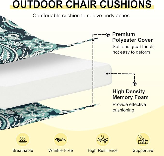 downluxe Outdoor Chair Cushions Set of 6 for Patio Furniture, Water-Resistant Square Corner Patio Chair Cushions with Ties, High Density Foam Outdoor Seat Cushion, 18.5" X 16" X 3", Green Paramecium