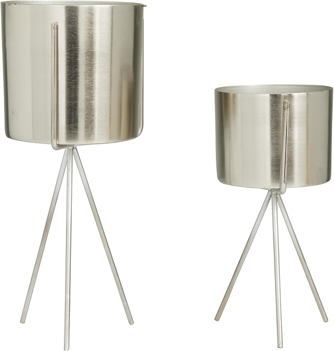 CosmoLiving by Cosmopolitan Metal Indoor Outdoor Planter Small Small Planter Pot with Removable Stand, Set of 2 Planters 5", 4"W, Silver