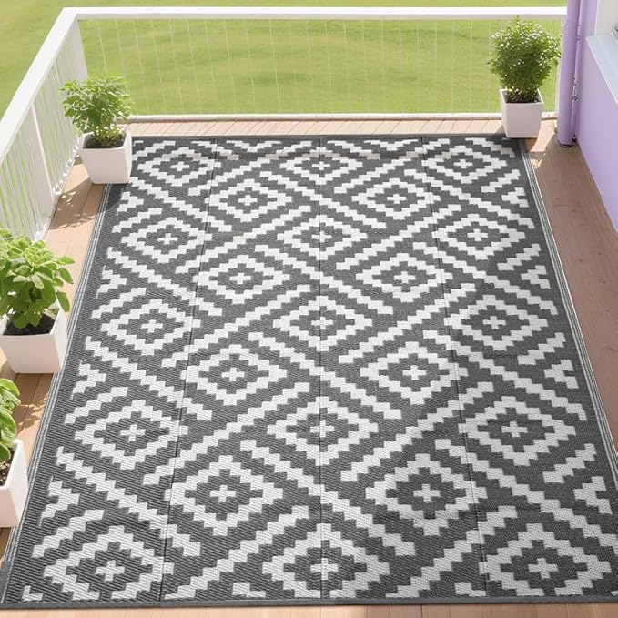 RURALITY Outdoor Rugs 9x12 Feet for Patios Clearance,Plastic Straw Waterproof Mats for Backyard,Porch,Deck,Balcony,Grey&White