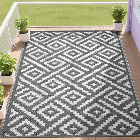 RURALITY Outdoor Rugs 8x10 Feet for Patios Clearance,Plastic Straw Waterproof Mats for Backyard,Porch,Deck,Balcony,Grey&White