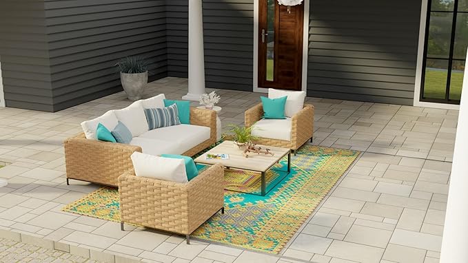 Mad Mats Traditional Outdoor Rug, Reversible Plastic Mat (5' x 8', Oriental Turkish - Aqua) for Patio, Porch, Poolside, Mudroom, Camping, RV, Deck