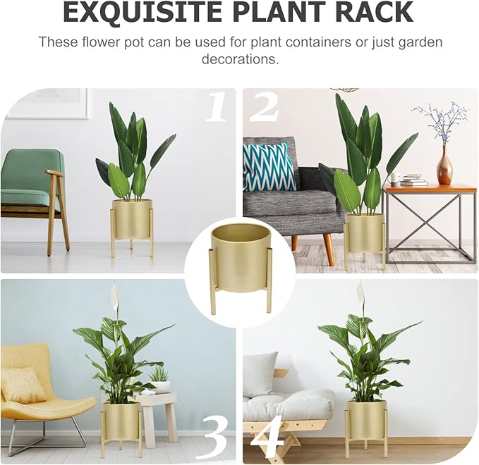 Gold Plant Stand for Indoor Plants - 10 Inch Round Metal Planter Pot with Iron Floor Stand, Modern Flower Pot for Living Room, Home Decor