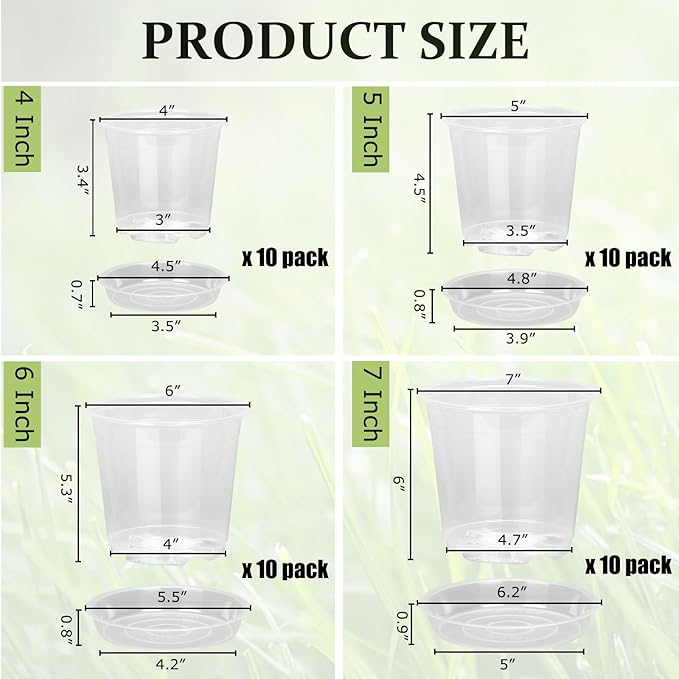 40 Pack 4/5/6/7 Inch Clear Nursery Pots with Drainage and Saucer, Clear Plastic Planter Pots for Plants, Flexible Seed Starting Pots for Succulents, Small Herbs, Annual Flowers